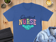 Load image into Gallery viewer, Blue t-shirt with "Registered Nurse" text and hand graphic.
