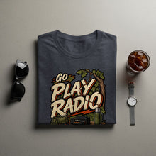 Load image into Gallery viewer, Dark gray t-shirt with "GO PLAY RADIO" graphic featuring radio equipment.
