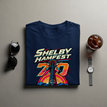 Load image into Gallery viewer, Navy t-shirt with "Shelby Hamfest 70" graphic featuring a tower and sunset.
