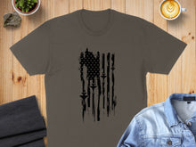 Load image into Gallery viewer, Distressed black American flag with fighter jets on a brown t-shirt.
