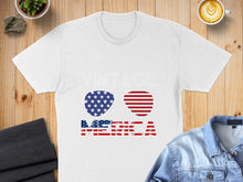 Load image into Gallery viewer, White t-shirt with "Vintage America" design featuring sunglasses with American flag pattern.
