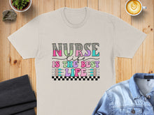 Load image into Gallery viewer, "Nurse is the best life" text design with colorful lettering and checkerboard pattern.
