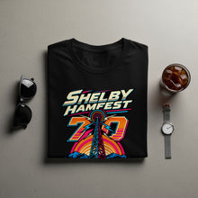 Load image into Gallery viewer, Black t-shirt with "Shelby Hamfest 70" graphic featuring a radio tower and mountains.
