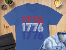 Load image into Gallery viewer, Blue t-shirt with "1776" in red, white, and blue stripes.
