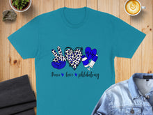 Load image into Gallery viewer, Peace love phlebotomy text with heart, peace sign, and syringe.
