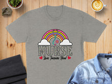 Load image into Gallery viewer, Grey t-shirt with rainbow stethoscope and "NURSE Love Inspire Heal" text.
