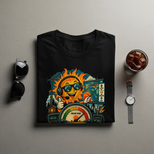 Load image into Gallery viewer, Black t-shirt with cartoon sun, solar flux meter, and map graphic.
