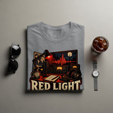 Load image into Gallery viewer, Gray t-shirt with "RED LIGHT" text and vintage radio equipment graphic.
