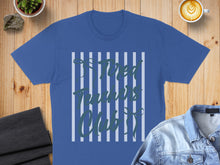 Load image into Gallery viewer, Blue t-shirt with "Tired Teachers Club" text on striped background.
