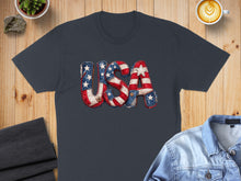 Load image into Gallery viewer, Dark gray t-shirt featuring "USA" in stars and stripes patch design.
