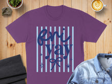 Load image into Gallery viewer, Purple t-shirt with "Fri-yay" text in blue stripes and stars.
