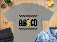 Load image into Gallery viewer, Gray t-shirt with "ABCD" in black lettering and lightning bolt design.
