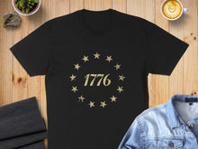 Load image into Gallery viewer, Black t-shirt with distressed "1776" inside a circle of stars.
