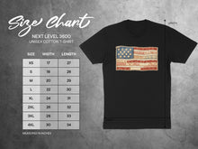 Load image into Gallery viewer, Next Level 3600 unisex cotton t-shirt size chart with measurements in inches.

