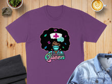 Load image into Gallery viewer, Purple t-shirt with "Trauma Queen" graphic featuring a nurse with an afro and butterflies.
