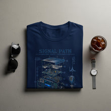 Load image into Gallery viewer, Navy t-shirt with blueprint graphic of amateur radio "SIGNAL PATH".

