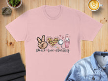 Load image into Gallery viewer, Pink t-shirt with "Peace Love Nursing" and leopard heart design.
