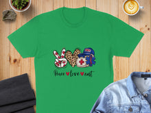 Load image into Gallery viewer, Green t-shirt with "Peace love EMT" text and EMT badge symbol.
