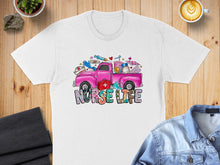 Load image into Gallery viewer, White t-shirt with "Nurse Life" truck graphic featuring medical supplies.
