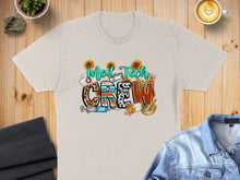 Load image into Gallery viewer, T-shirt with "Med Tech Crew" text, sunflowers, medical icons, and leopard print.
