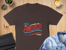 Load image into Gallery viewer, Brown t-shirt with "AMERICA" text in distressed red, white, and blue stripes.
