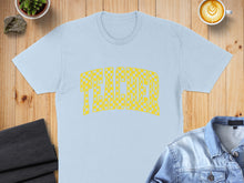 Load image into Gallery viewer, Light blue t-shirt with yellow checkered text.

