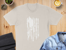 Load image into Gallery viewer, Cream t-shirt with distressed American flag design and white coffee.
