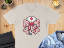 Load image into Gallery viewer, Pink and red bow with stethoscope, nurse's cap, and XOXO pattern.
