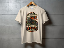 Load image into Gallery viewer, Cream t-shirt with "When Everything Else Fails Amateur Radio Works" graphic.
