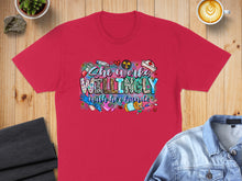 Load image into Gallery viewer, Red t-shirt with colorful "She Works Willingly With Her Hands" graphic.
