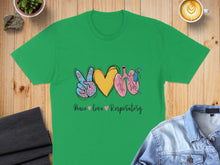 Load image into Gallery viewer, Green t-shirt with Peace love Respiratory graphic, lungs, and coffee.

