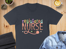Load image into Gallery viewer, Dark grey t-shirt with "registered NURSE" in colorful leopard print text.
