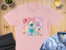 Load image into Gallery viewer, Pink t-shirt with school-themed icons including a globe, book, and pencil.
