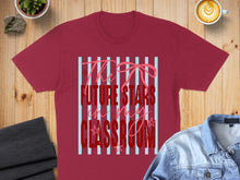 Load image into Gallery viewer, Burgundy t-shirt with "The Future Stars in My Classroom" in red lettering and blue stripes.
