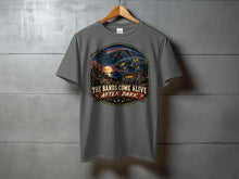 Load image into Gallery viewer, Gray t-shirt with "The Bands Come Alive After Dark" graphic featuring a radio and earth.
