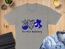 Load image into Gallery viewer, Gray t-shirt with "Peace love pharmacy" text and pharmacy icons.
