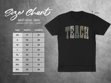 Load image into Gallery viewer, Next Level 3600 T-shirt size chart showing measurements for unisex cotton t-shirts.
