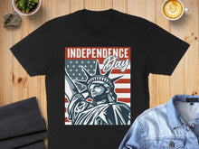 Load image into Gallery viewer, Black t-shirt with Statue of Liberty and American flag design, text "Independence Day".
