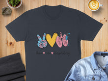 Load image into Gallery viewer, T-shirt graphic with peace sign, heart, and lungs, "Peace love Respiratory".
