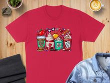 Load image into Gallery viewer, Red t-shirt with cartoon "School Nurse Fuel" featuring coffee cups, bandages, and pencils.
