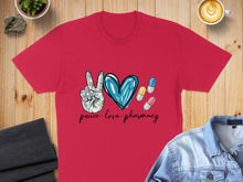 Load image into Gallery viewer, Red t-shirt with peace sign, heart, and pills graphic, text "peace love pharmacy".

