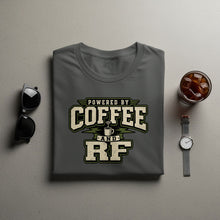 Load image into Gallery viewer, Gray t-shirt with "Powered by Coffee and RF" graphic, sunglasses, and iced coffee.
