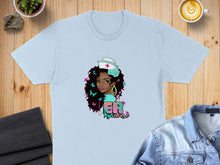 Load image into Gallery viewer, Light blue t-shirt with graphic of a nurse with butterflies and text "HER Nurse."
