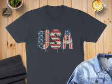 Load image into Gallery viewer, Navy t-shirt with distressed USA flag lettering.

