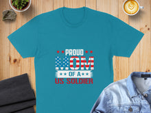 Load image into Gallery viewer, Teal t-shirt with "Proud Mom US Soldier" text and American flag design.
