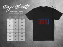 Load image into Gallery viewer, Next Level 3600 unisex cotton t-shirt size chart with measurements in inches.
