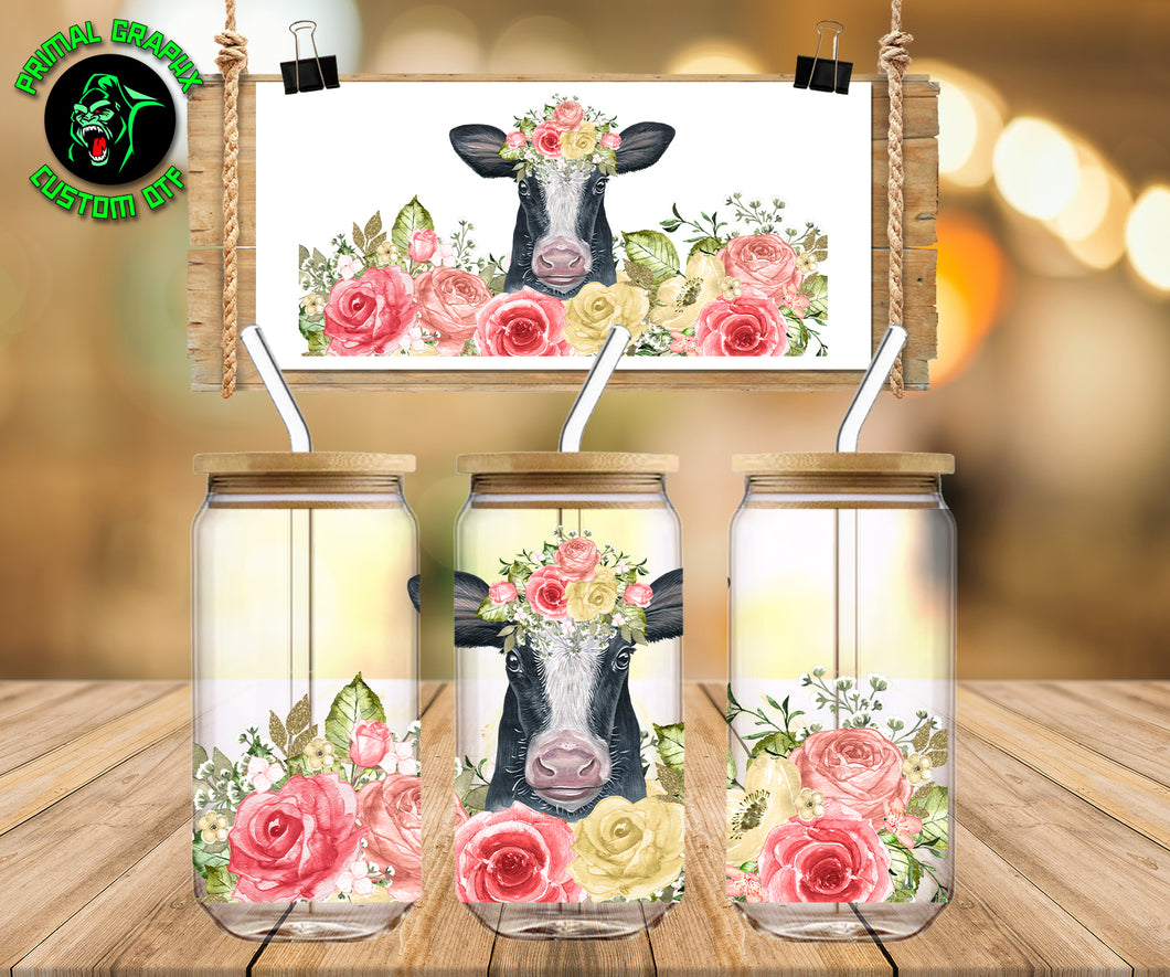 Cow with Pink Flowers UV DTF Wrap #71