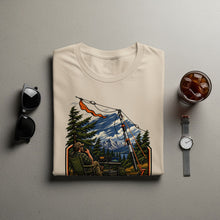 Load image into Gallery viewer, Illustration of a person using a ham radio in a mountain wilderness with a laptop.
