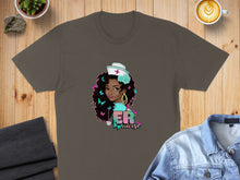 Load image into Gallery viewer, T-shirt featuring a cartoon nurse with butterflies and the word "Nurse."
