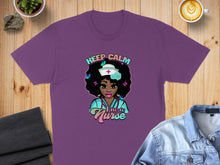 Load image into Gallery viewer, Purple t-shirt with "Keep Calm I'm a Nurse" text and nurse graphic.
